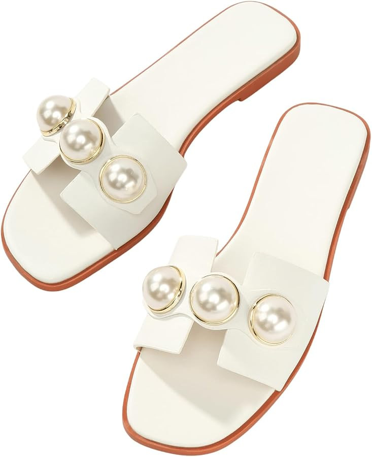 Verdusa Women's Cut Out Pearls Flat Sandals Square Toe Slip On Slides | Amazon (US)