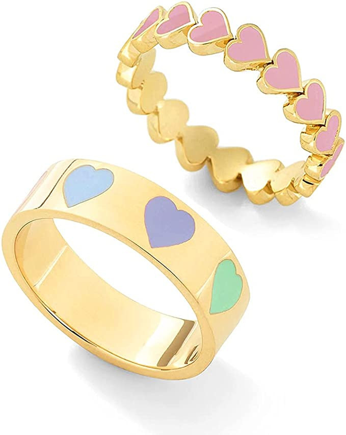 Amazon.com: YOOESTORES82 2PCS Colorful Heart Ring Gold Band Rings Set for Women Girl Couple. Cute... | Amazon (US)