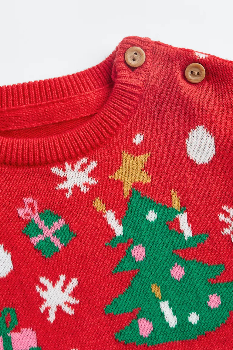 Fine-knit Cotton Sweater - Red/holiday motif - Kids | H&M US | H&M (US + CA)