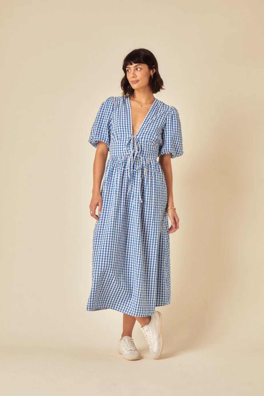 Blue Gingham Tie Front Scarla Midi Dress | Nobody's Child
