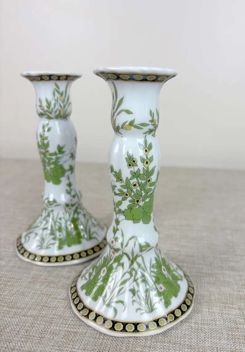 Vintage Green and Gold Porcelain Candle Holders Elegant Floral Design Pair Decorative Accent for ... | Etsy (US)