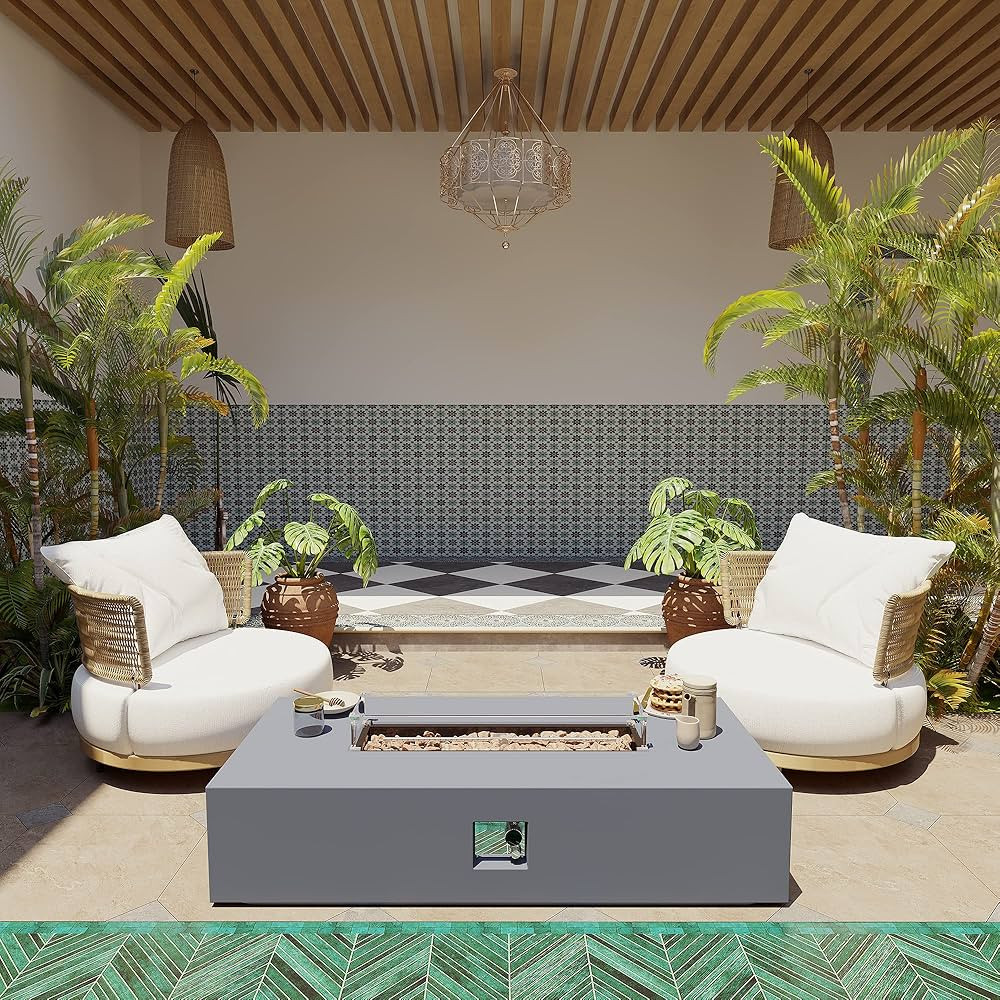 UPHA 56'' Patio Propane Gas Concrete Fire Pit Table, Rectangular with Wind Guard, 50000 BTU Auto-... | Amazon (US)