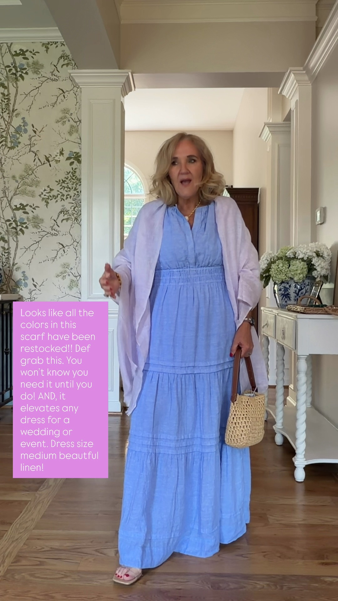 Summer wedding guest perfection. Don’t wait on this linen scarf. Colors just restocked! 
Dress size medium. Gorgeous lined dress 
Don’t miss Julie Vos sale I’m linking some favorites

#LTKOver40