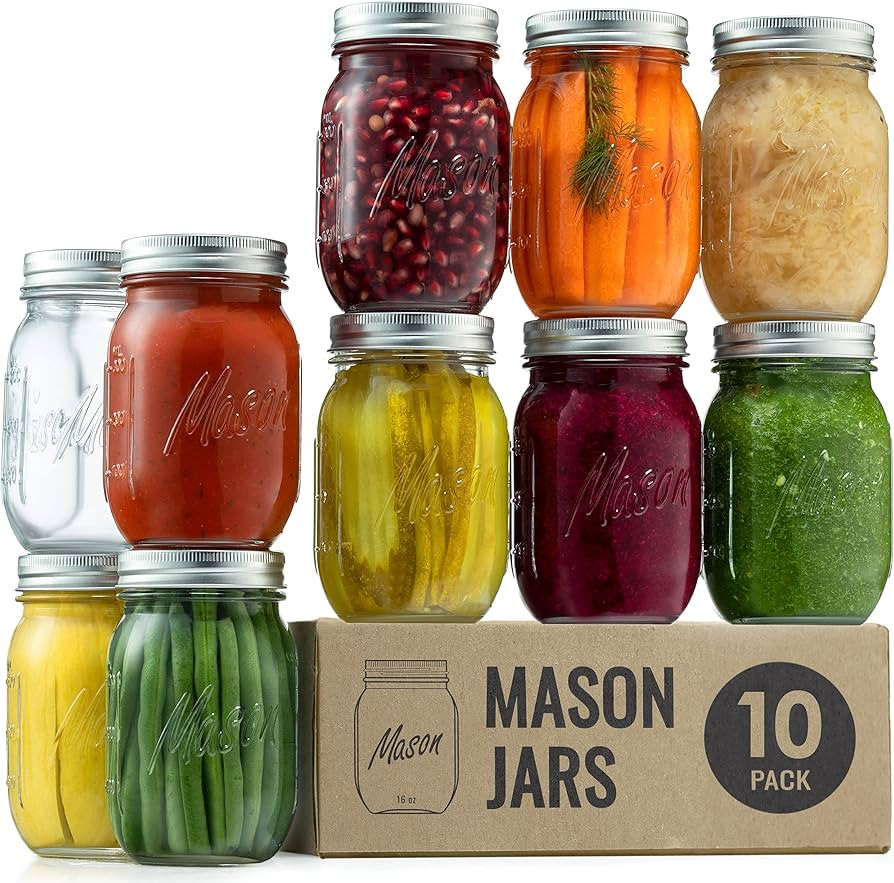 Paksh Novelty Mason Jars with Lids & Sealer - 10 Pack 16 Oz Regular Mouth Glass Canning Jars - Fo... | Amazon (US)