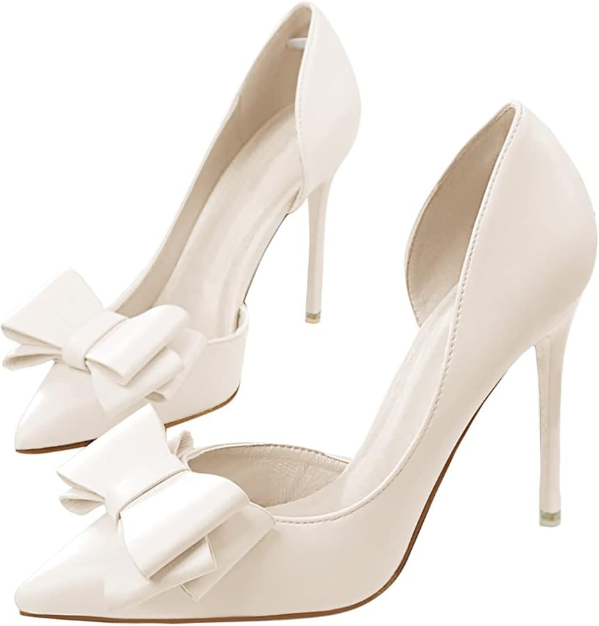 Womens Bow Heels Closed Pointed Toe Dress Shoes Stiletto Slip on Wedding Pumps | Amazon (US)
