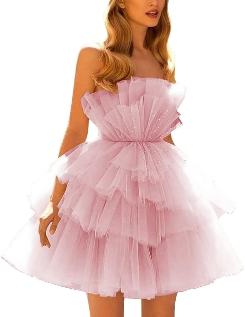 Tulle Off Shoulder Homecoming Dresses Puffy Prom Dress Short Strapless Mesh Ruffle Formal Cocktai... | Amazon (US)