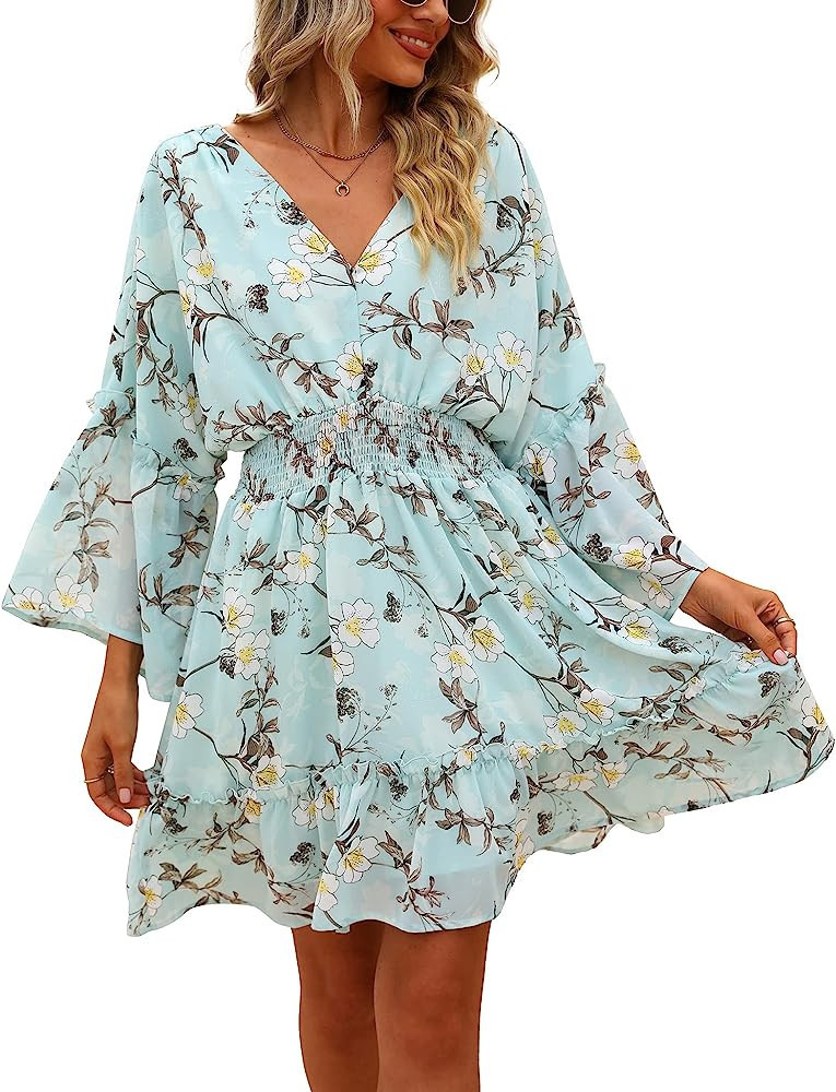 Jollycode Women's Spring Summer 2023 Blue Floral Dress Light Blue Dress Baby Blue Dress Outfit | Amazon (US)