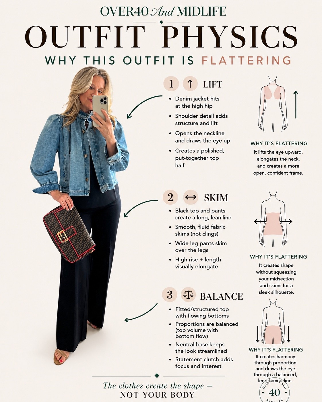 ✨Tap the bell, save and ❤️ for over 40 fashion, midlife style, midsize fashion and luxury looks for less. 

Outfit Physics in this outfit:

✨ The cropped jacket lifts the eye and creates structure.

✨ The monochromatic black base creates one long, uninterrupted line.

✨ The wide-leg pants skim over the hips, thighs, and tummy instead of clinging.

✨ The shorter jacket balances the wider pant leg, creating proportion.

✨ The contrast between the fitted top and flowing pants creates shape without squeezing.

✨ The result is a longer, leaner, more polished silhouette.

The clothes create the shape, not your body. 🤍

👑"Helping you look good, feel good!" - Lindsey Denver

#LTKOver40 #LTKPlusSize #LTKSaleAlert