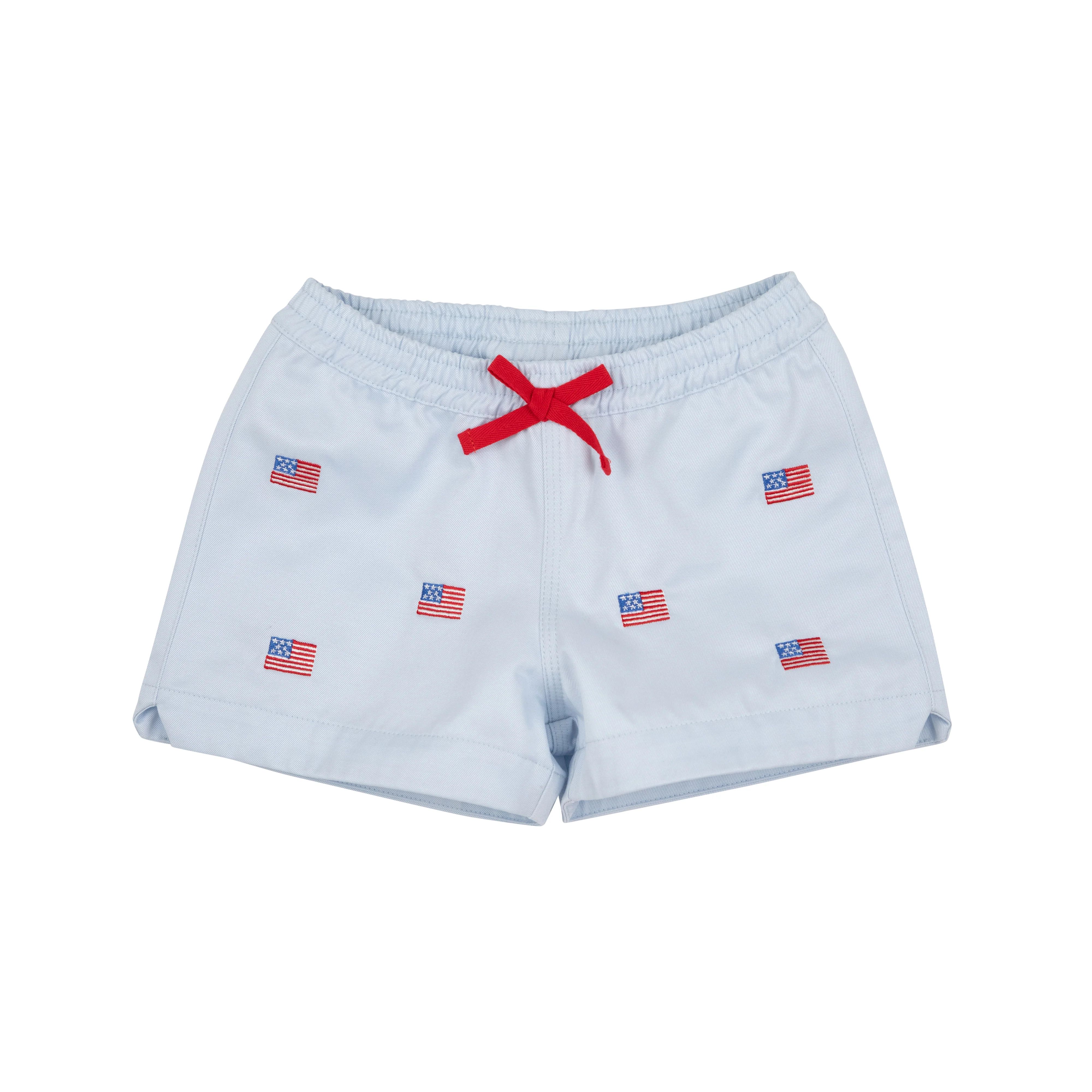 Critter Cheryl Shorts - Buckhead Blue & American Flag Embroidery with Richmond Red Bow | The Beaufort Bonnet Company