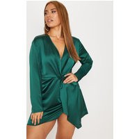 Plus Emerald Green Satin Long Sleeve Wrap Dress | PrettyLittleThing CAN