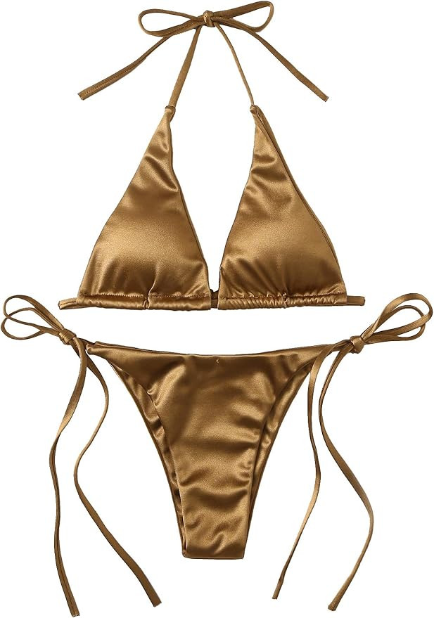 SOLY HUX Women's Metallic Halter Top Two Piece Swimsuit Tie Side Triangle Thong Bikini Bathing Sw... | Amazon (US)