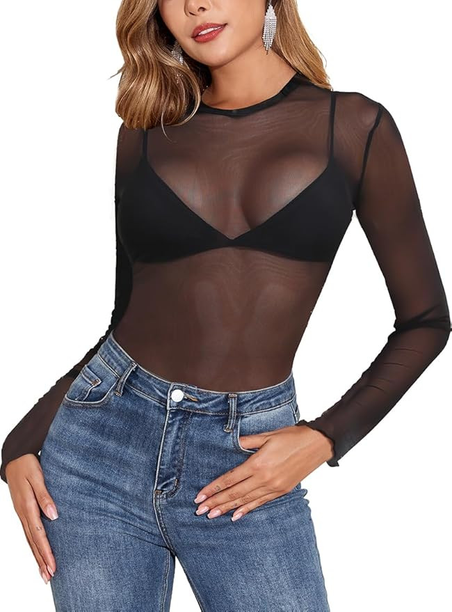 YYA Mesh Top for Women Long Sleeve Round Neck Mesh Shirt Sheer Top Solid Floral Tee Shirts S-XXL | Amazon (US)
