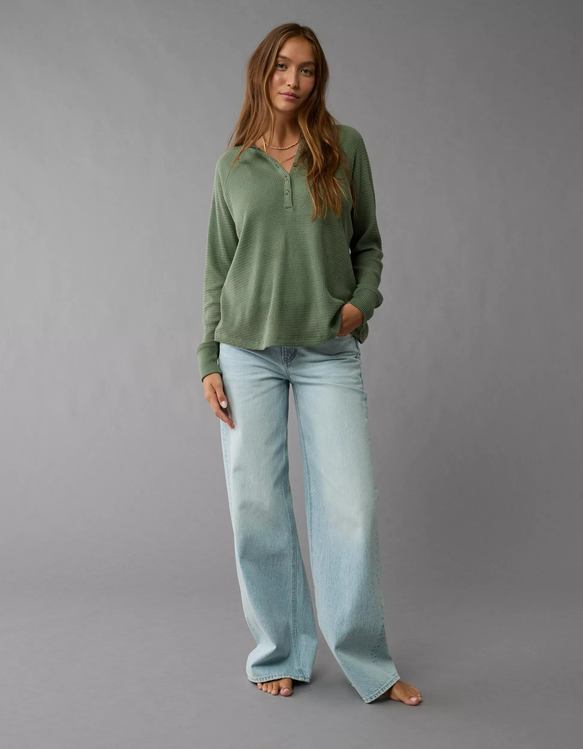 AE Plush Long-Sleeve Henley T-Shirt | American Eagle Outfitters (US & CA)