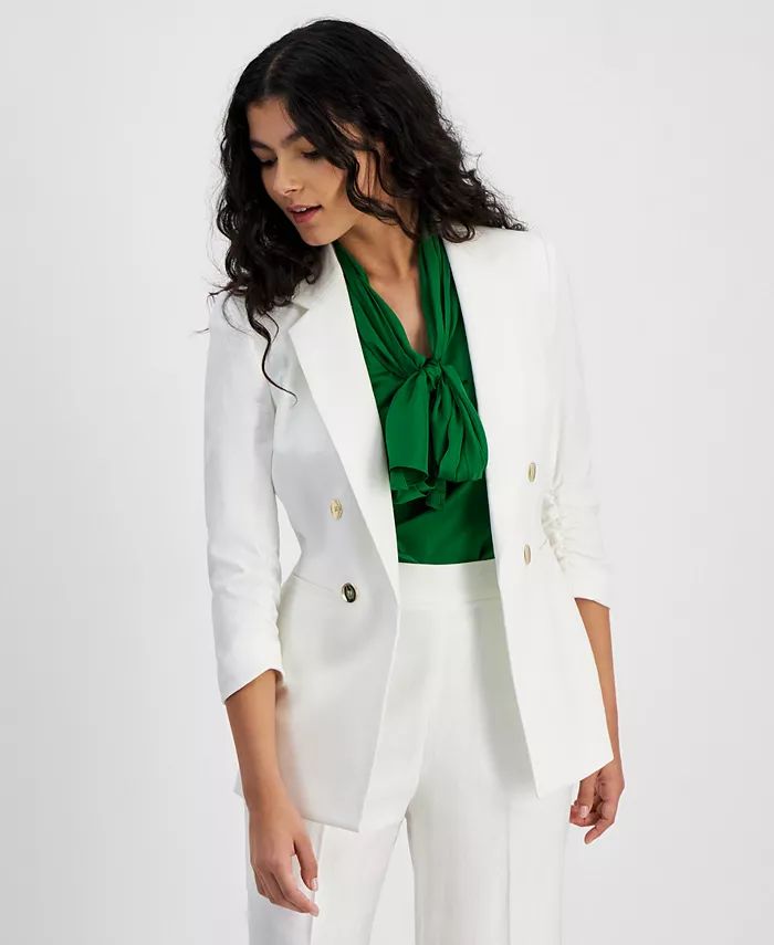 Women's Faux Double-Breasted Linen-Blend Ruched-Sleeve Blazer, Created for Macy's | Macy's