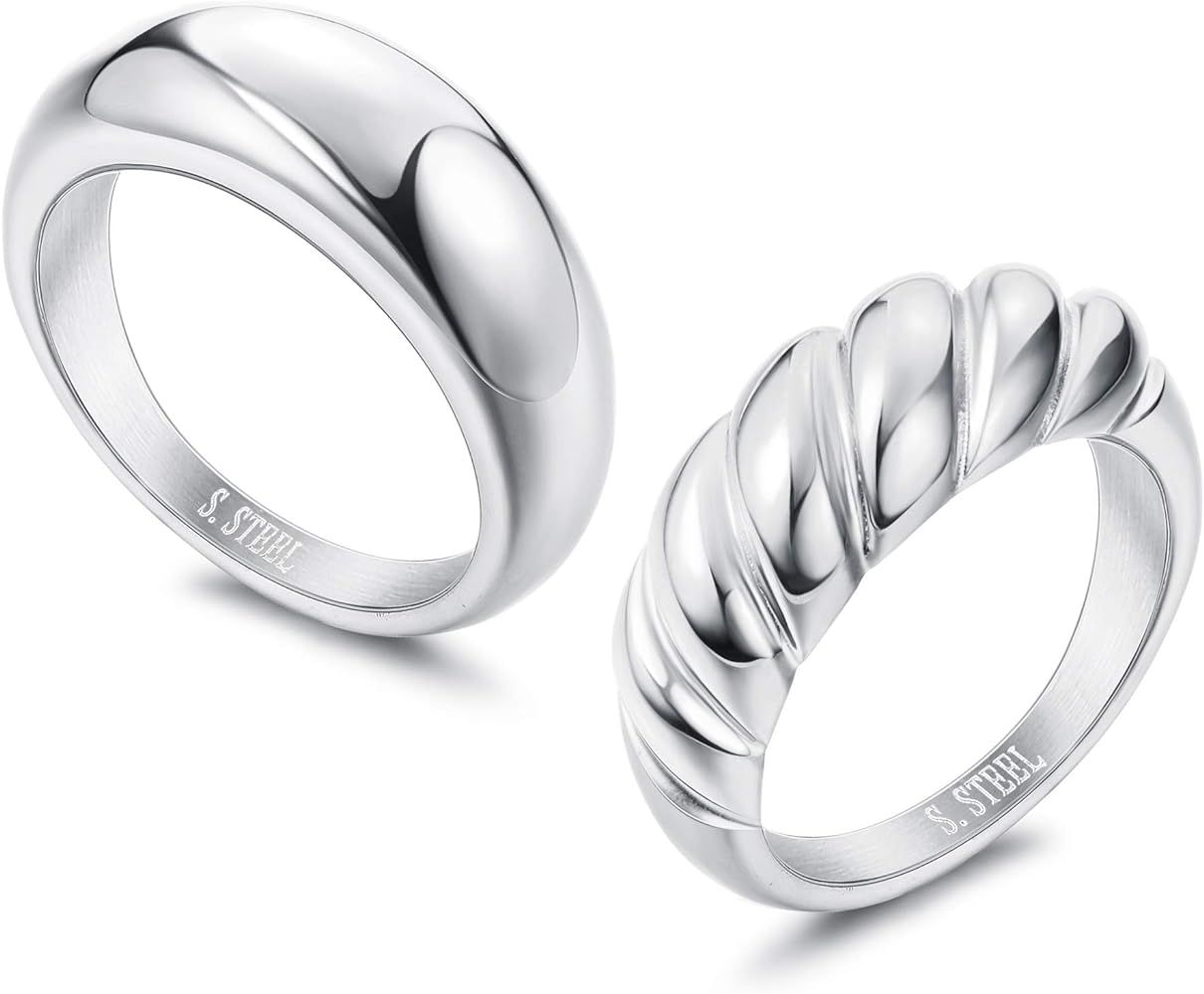 THUNARAZ 2Pcs Chunky Dome Ring for Women Gold Silver Minimalist Twisted Ring Stacking Band Statement | Amazon (US)