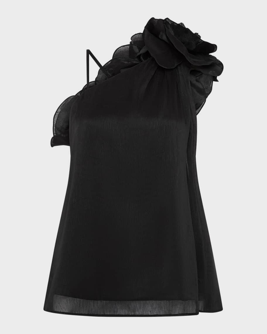 Aje Quintessa Flower Flared Linen Silk Top | Neiman Marcus