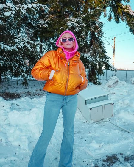 Pink balaclava look with shiny gold puffer and flare jeans 

#LTKeurope #LTKstyletip #LTKSeasonal