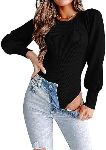 MASCOMODA Long Puff Sleeve Sweaters for Women 2025 Fall Winter Crewneck Knit Ribbed Bodysuit Pull... | Amazon (US)