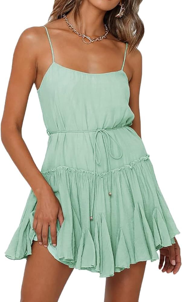 Onedreamer Women Summer Dress Spaghetti Strap Waist Tie Ruffle Mini A Line Flowy Tiered Short Dre... | Amazon (US)