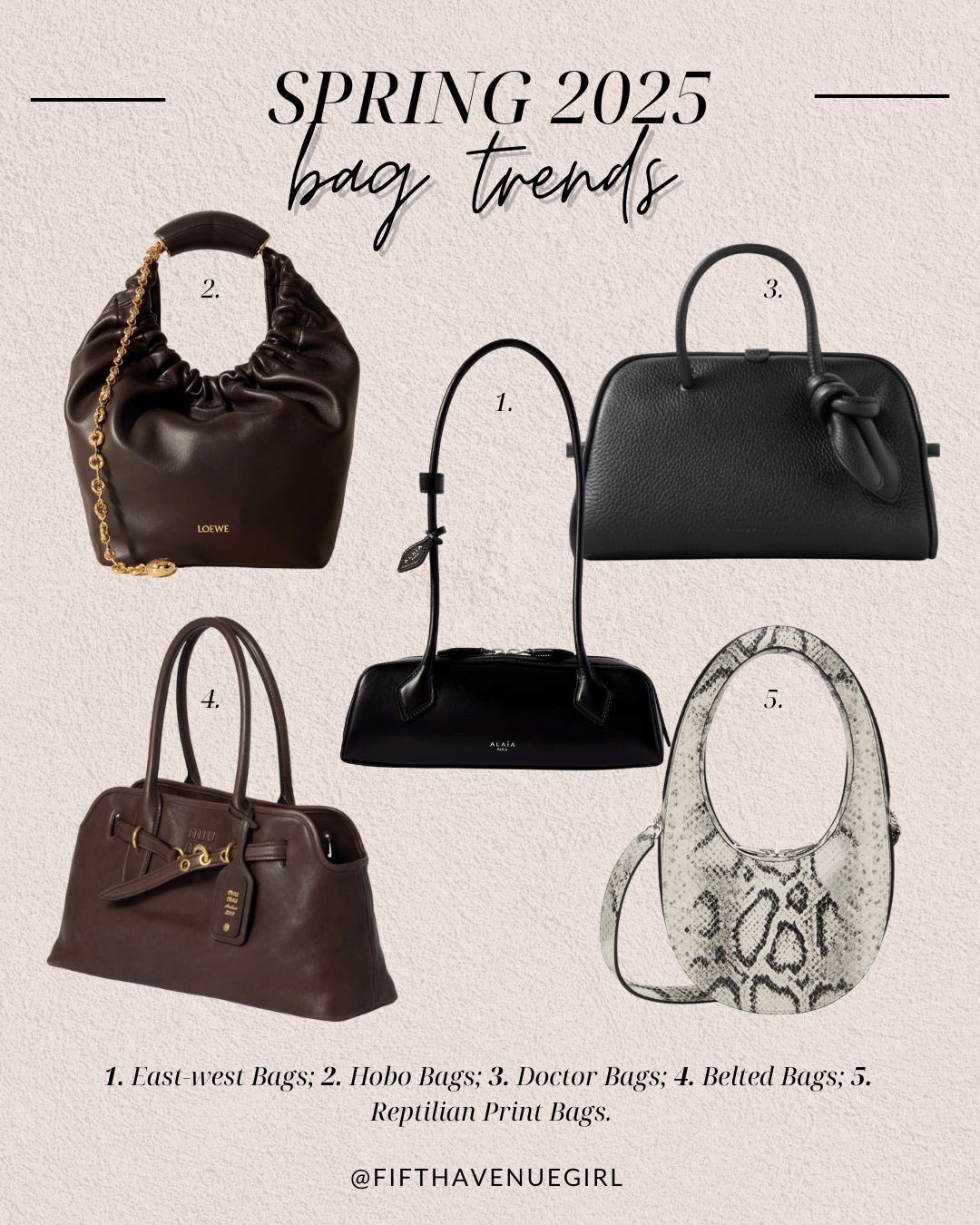 Top 5 bag trends for spring/summer 2025 according to fifthavenuegirl.com!

#LTKSeasonal #LTKItBag #LTKStyleTip