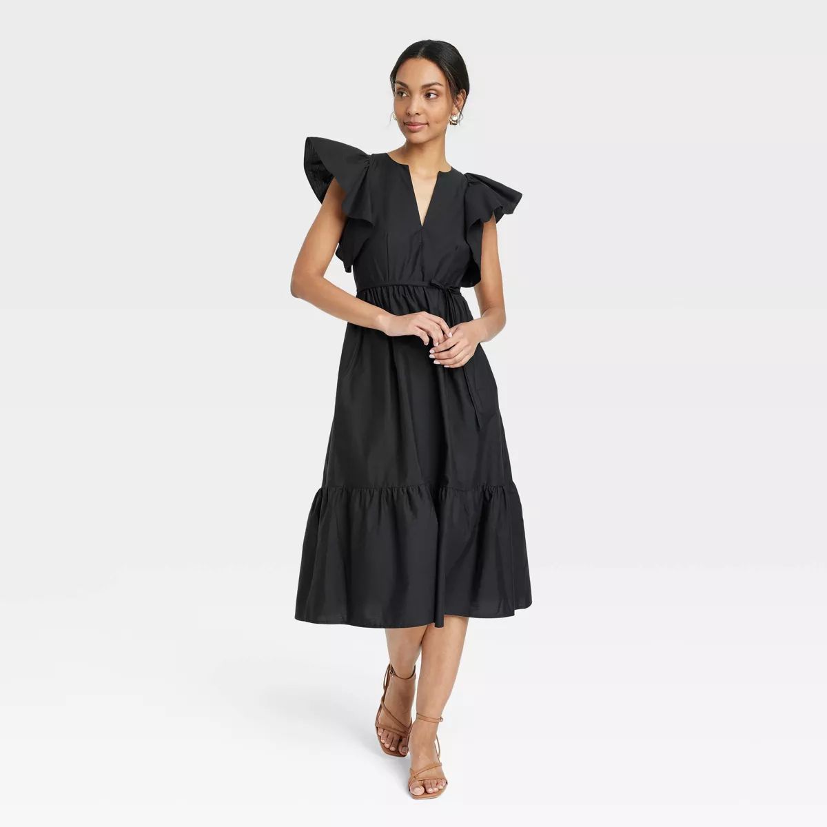 Women's Flutter Short Sleeve Poplin Tiered Midi Dress - A New Day™ | Target