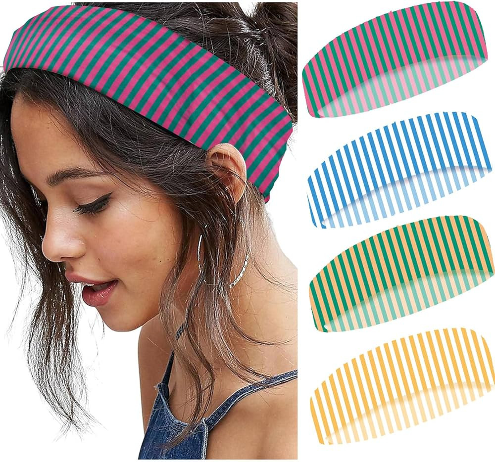 4pcs Striped Headbands for Women Wide Head Bands for Women's Hair Non Slip Wraps Elastic Stretchy... | Amazon (US)
