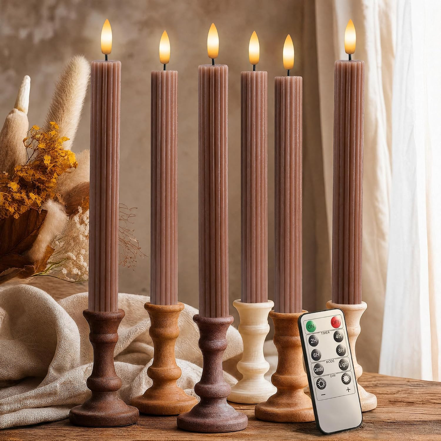 6 Pack, 10" LED Flameless Real Wax Brown Tan Fluted Ribbed Grooved Taper Candles, Remote & 24h Timer Memory, On/Off Button, Dimmable, Flicker Mode, Battery Operated, Wedding | Amazon (US)