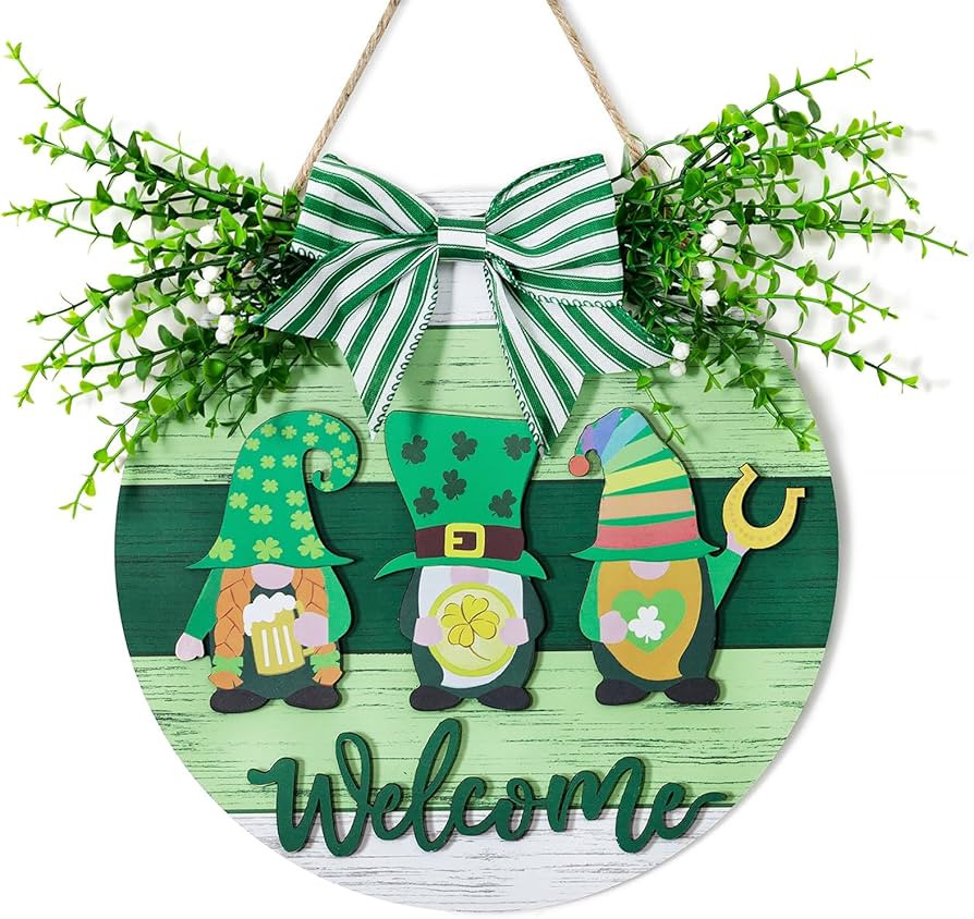 St Patricks Day Decorations: Irish Decor for Front Door Green Welcome Sign Gnomes Wall Hanging Sa... | Amazon (US)