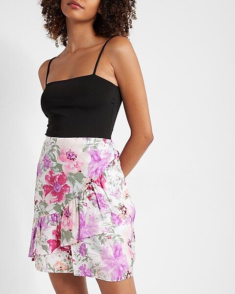 High Waisted Floral Asymmetrical Ruffle Mini Skirt | Express