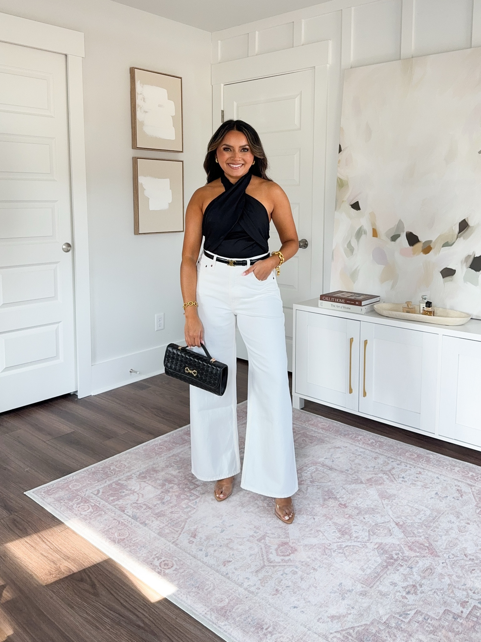 On sale plus an extra 15% off with code DENIMAF 
For reference: I’m a 32b bra size and 2/26 in bottoms, pear shaped.

Black halter neck top size xs TTS 
White jeans in white size 26 short TTS 
Clear heels size 5 TTS 
Belt is from Celine


#LTKStyleTip #LTKSaleAlert #LTKPetite