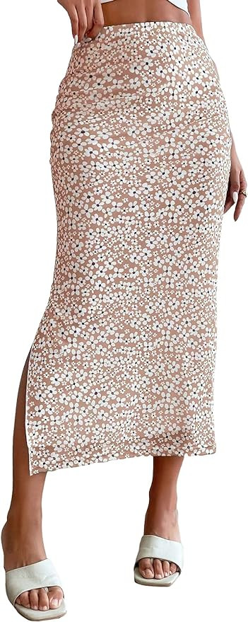 Milumia Women's Ditsy Floral Mesh Split Hem Long Skirt High Waisted Boho Midi Skirts | Amazon (US)