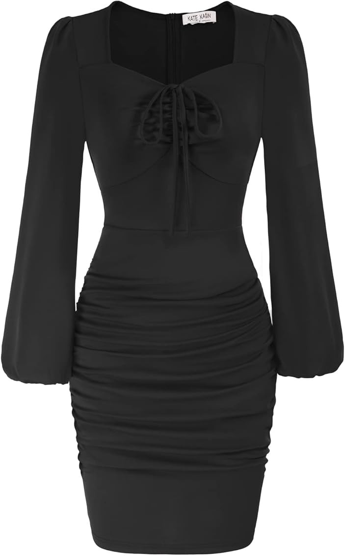 Kate Kasin Womens Homecoming Dresses Ruched Bodycon Cocktail Pencil Dress Square Neck Long Sleeve Se | Amazon (US)
