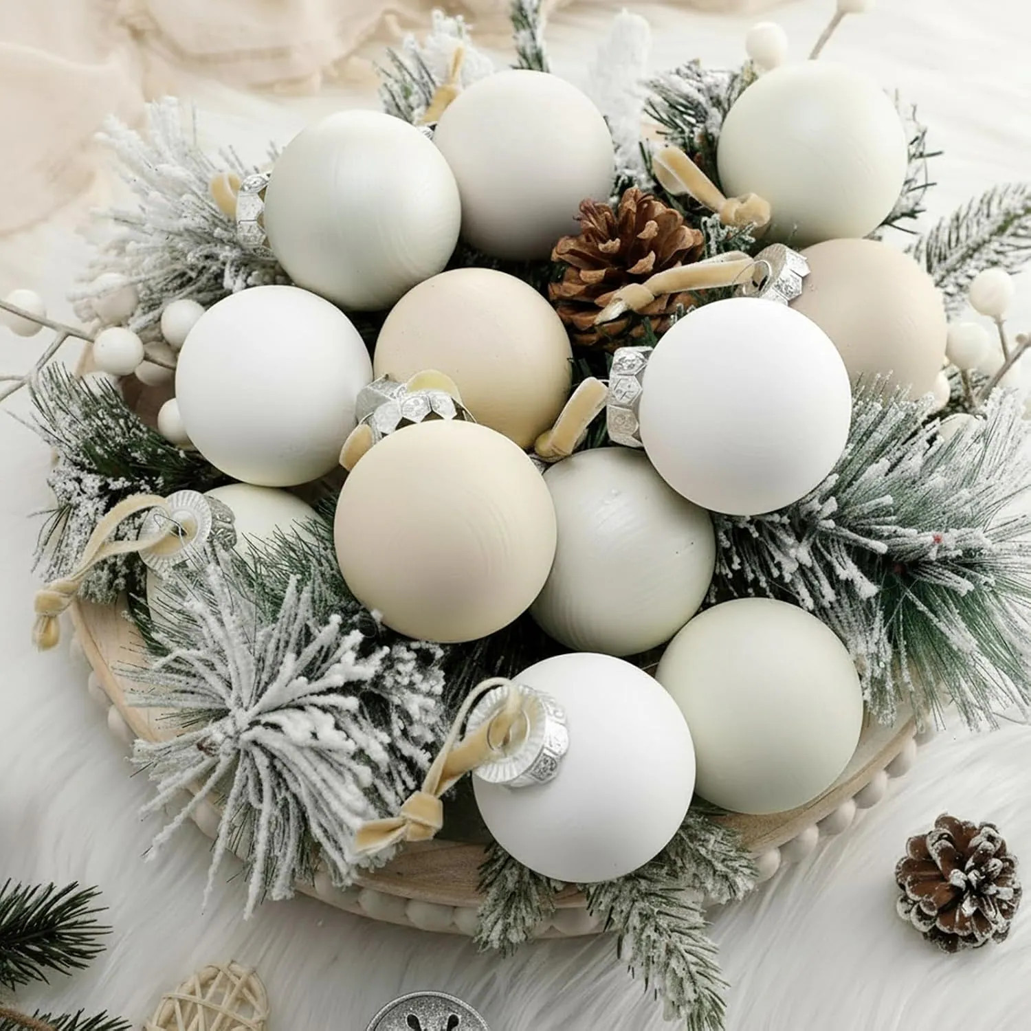 ZHANYIGY 12 Pcs Neutral Matte Christmas Ball Ornaments 2 4 Inch Rustic Boho White Cream Beige Xmas Bulbs Ornament Vintage Xmas Baubles Modern | Lowe's