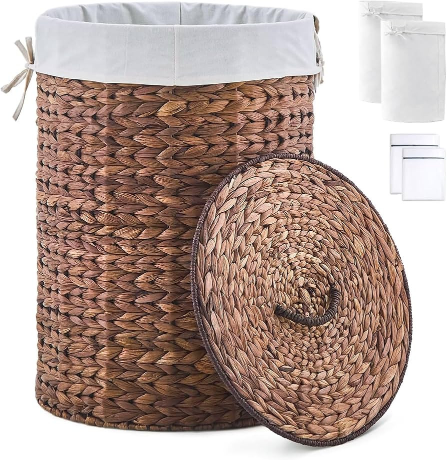 Round Water Hyacinth Laundry Hamper with Lid Handwoven Wicker Basket with Handles for Dirty Cloth... | Amazon (US)