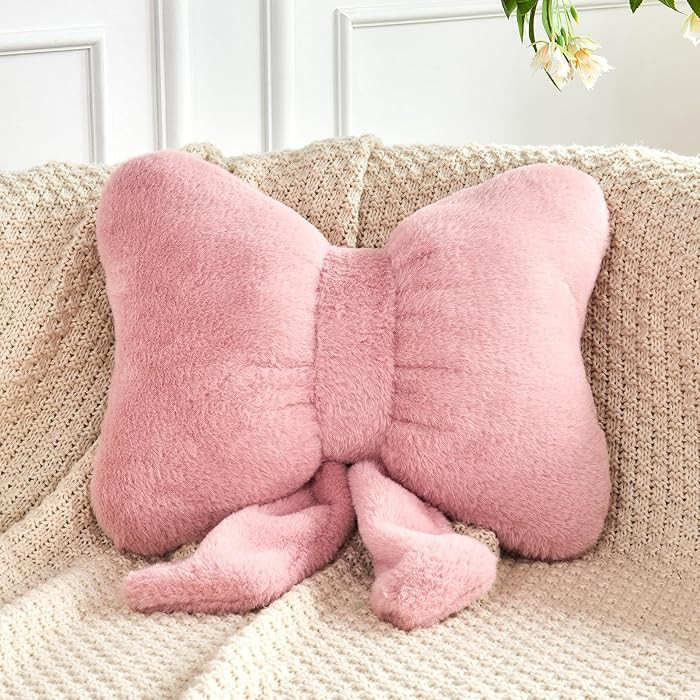 Dusty Pink Bow Pillow, Soft Bow Decorative Pillows with Faux Rabbit Fur, Cute 12" Bow Throw Pillo... | Amazon (US)