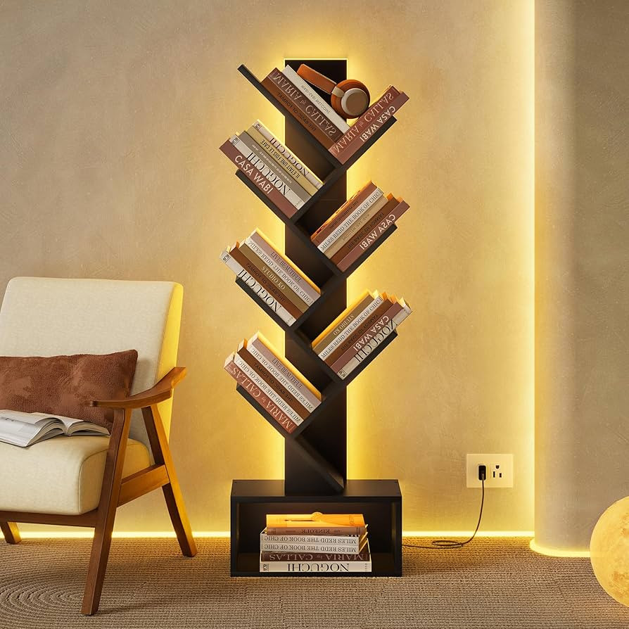 Hoctieon 6 Tier Tree Bookshelf, Tall Bookcase with Drawer, Freestanding Book Shelf with LED Light... | Amazon (US)