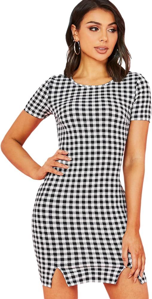 SheIn Women's Plaid Cap Short Sleeve Crewneck Tie Waist Bodycon Short Dress | Amazon (US)
