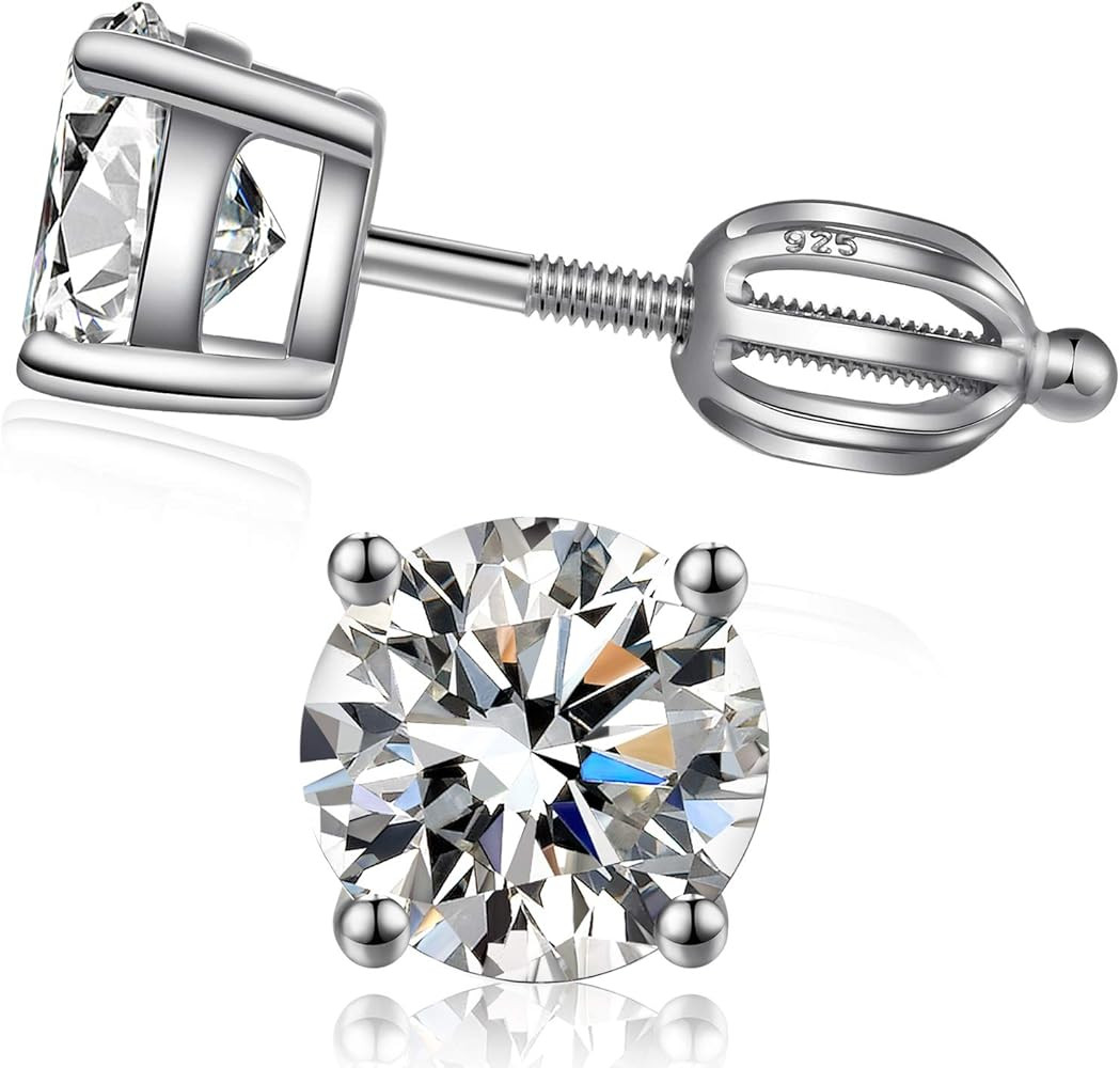Stud Earrings with Crown Screw Back, 925 Sterling Silver Stud Earrings for Unisex, 5A+ Cubic Zirc... | Amazon (US)