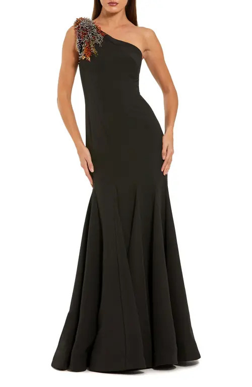 Mac Duggal Crepe One Shoulder Beaded Mermaid Gown in Black Multi at Nordstrom, Size 2 | Nordstrom