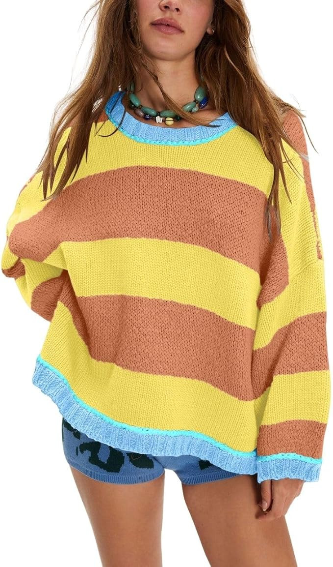 chouyatou Women's 2025 Color Block Striped Sweaters Crewneck Long Sleeve Casual Oversized Knitted... | Amazon (US)