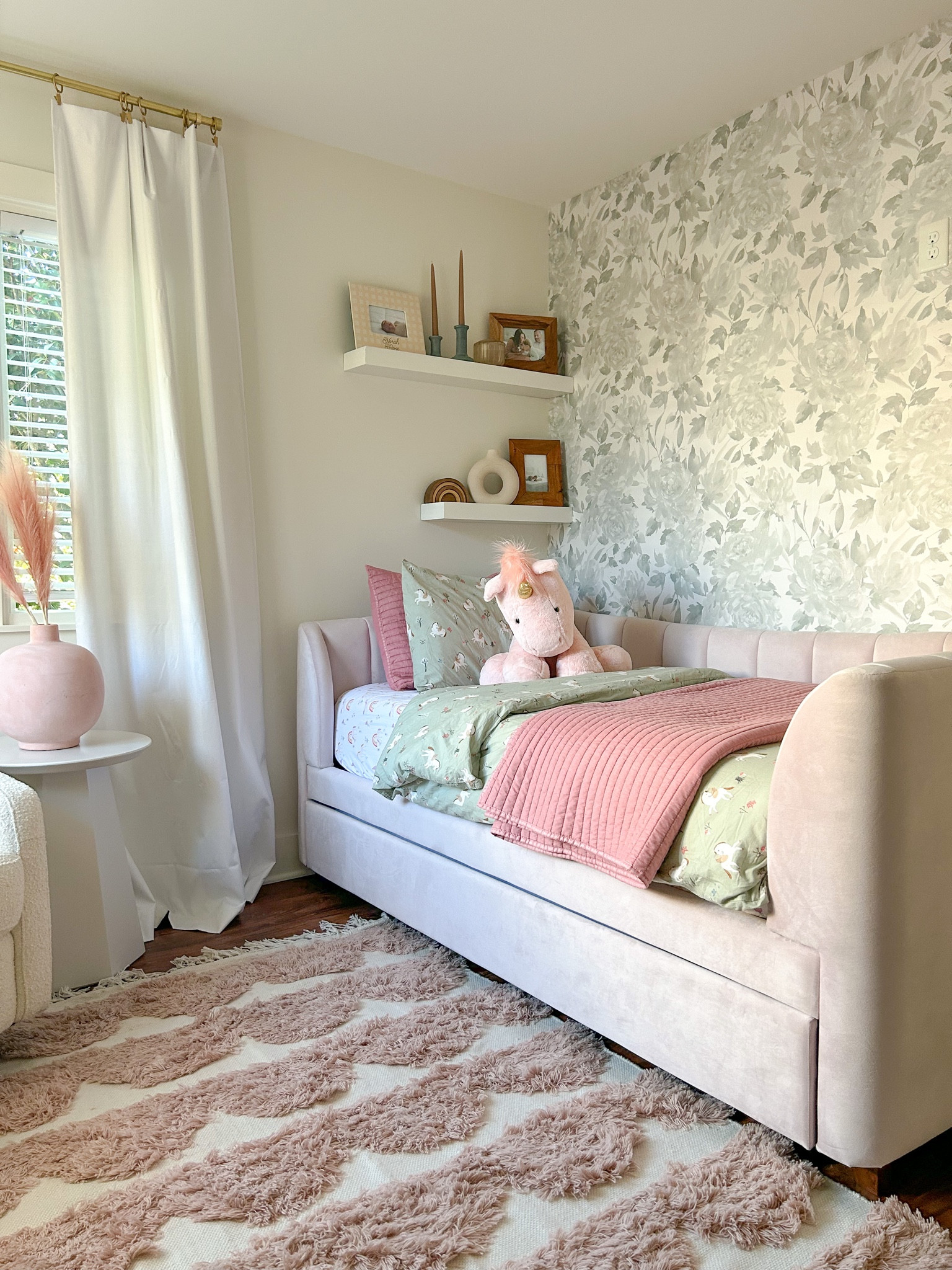 Toddler girl room, green wallpaper, green and pink girls room, pink daybed, unicorn room 

#LTKkids #LTKhome #LTKfamily