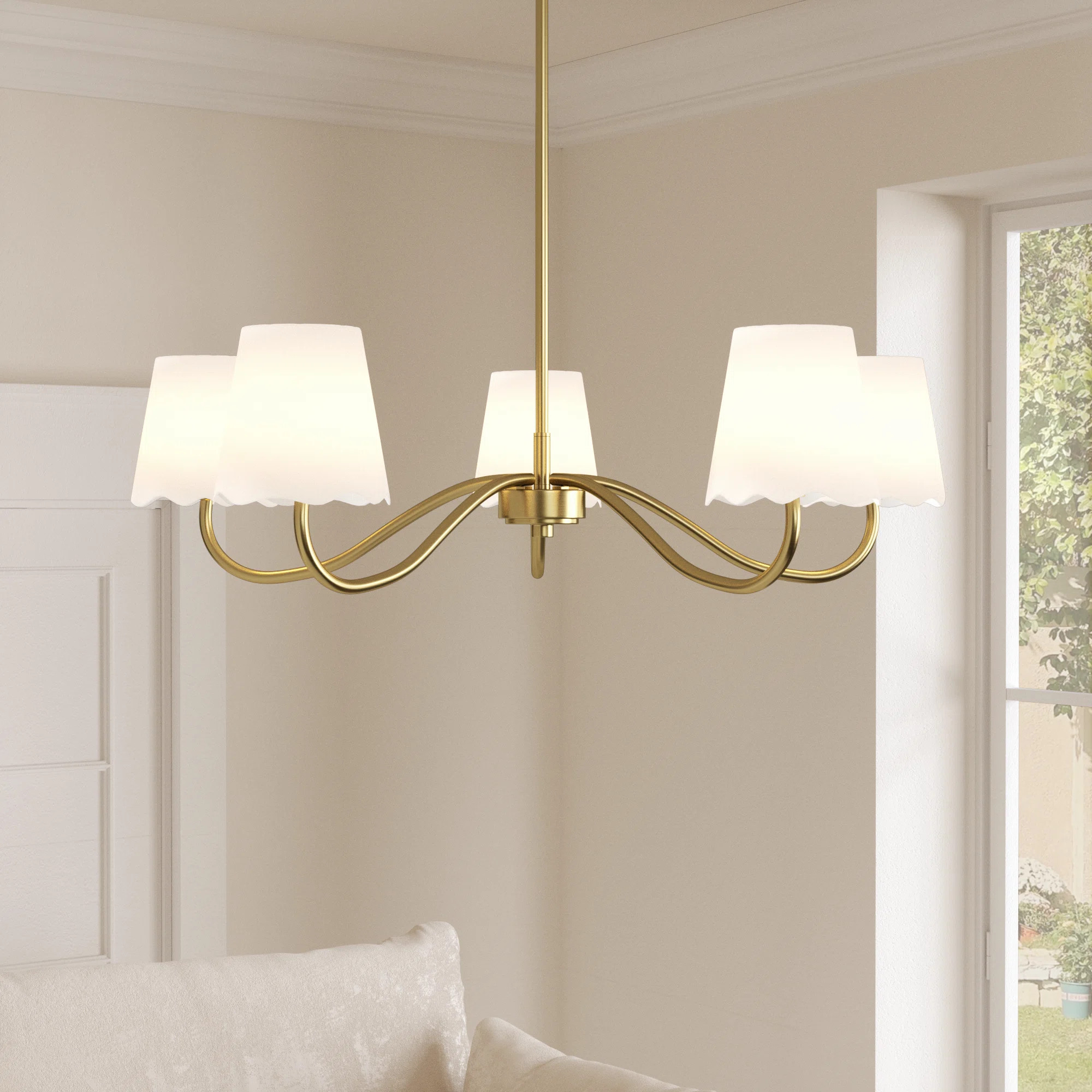 5-light Brush & White Burlap Modern Farmhouse Chandelier With Kd Shades For Dining Room | Birch Lane
