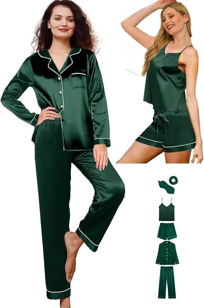 6Pcs Womens Silk Satin Pajama Sets Pj Sets Long Pjs Set Pajamas Sleepwear Camisole Sexy Cami | Amazon (US)