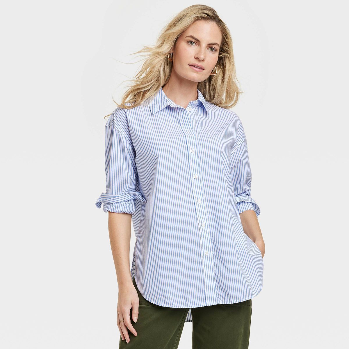 Women's Oversized Long Sleeve Collared Button-Down Shirt - Universal Thread™ Blue Striped L | Target