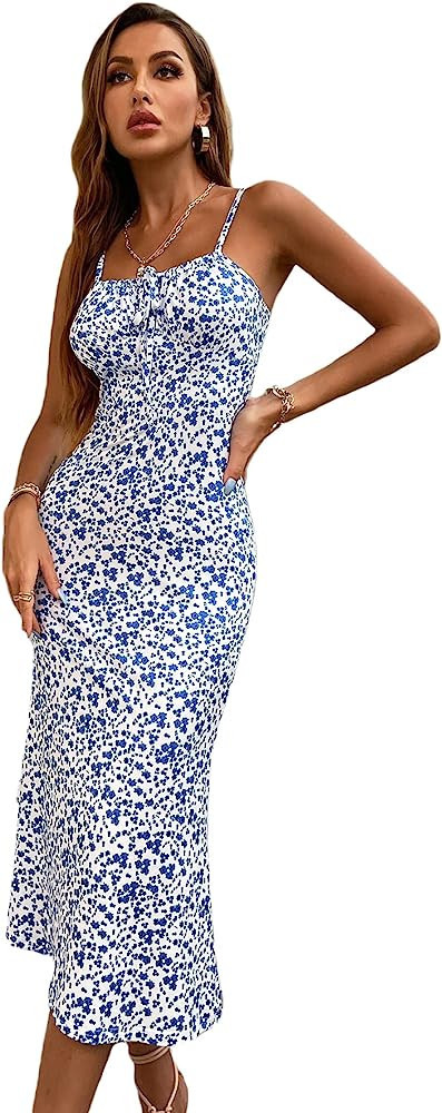 Floerns Women's Floral Print Drawstring Front Sleeveless Cami Midi Dress | Amazon (US)