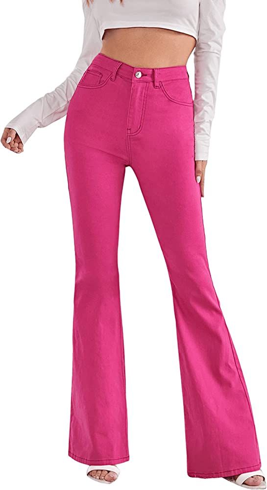 SweatyRocks Women's Casual Denim Pants Heart Print High Waist Stretchy Bell Bottom Flared Jeans | Amazon (US)