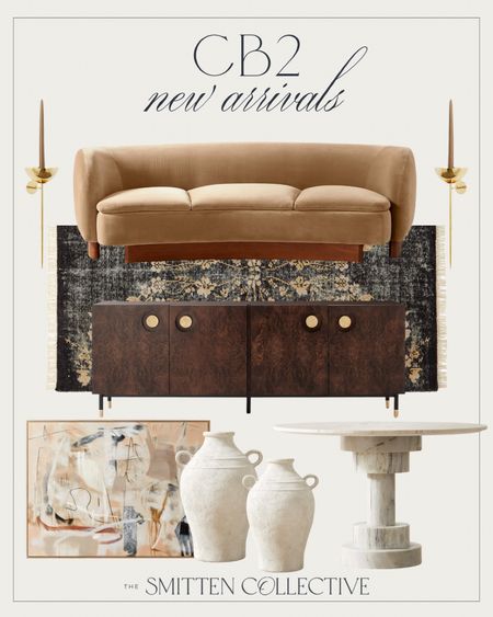 Cb2 new arrivals! Velvet sofa, rug, burl wood console, jug vase, marble round dining table, modern art, candle sconce 

#LTKstyletip #LTKhome #LTKunder100