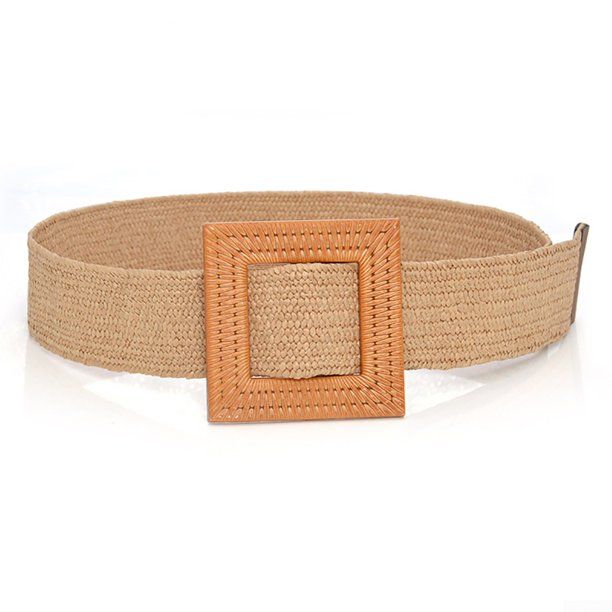 Women's Braided Waist Belt Wooden Smooth Buckle Fake Straw Boho Wide Belts | Walmart (US)