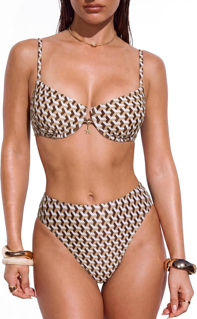 SUUKSESS Women High Waisted Underwire Bikini Set Cheeky High Cut 2 Piece Swimsuit | Amazon (US)
