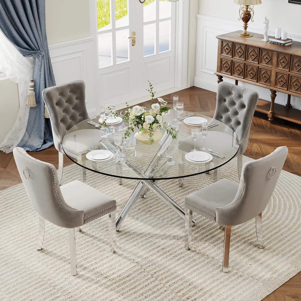 5-Piece Modern Round Pedestal Dining Set with Velvet Tufted Dining Chair for Dining Room and Livi... | Wayfair North America